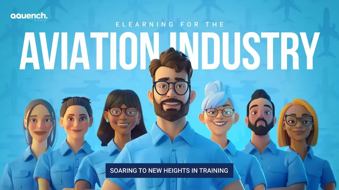 Group of animated airline professionals in uniform against a sky-blue background with plane silhouettes, promoting aviation industry training.