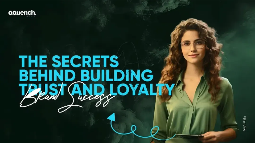 Confident woman in green shirt holding a tablet with bold title on black background, representing the branding topic “Secrets Behind Building Trust and Loyalty.”
