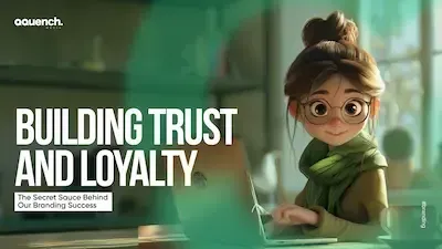 Animated young designer smiling at her laptop, reflecting Qquench Media’s approach to trust-building in branding.