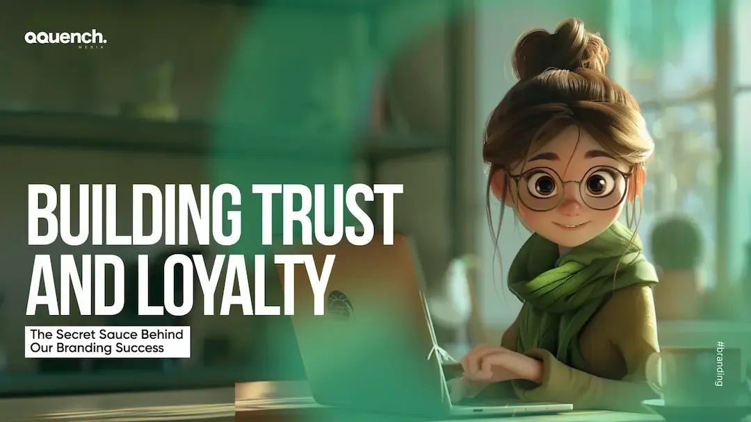 Animated young designer smiling at her laptop, reflecting Qquench Media’s approach to trust-building in branding.