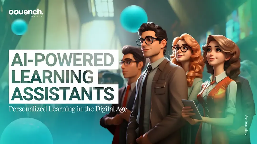 Stylized digital characters in business attire, representing futuristic AI-driven learning support in a digital environment.