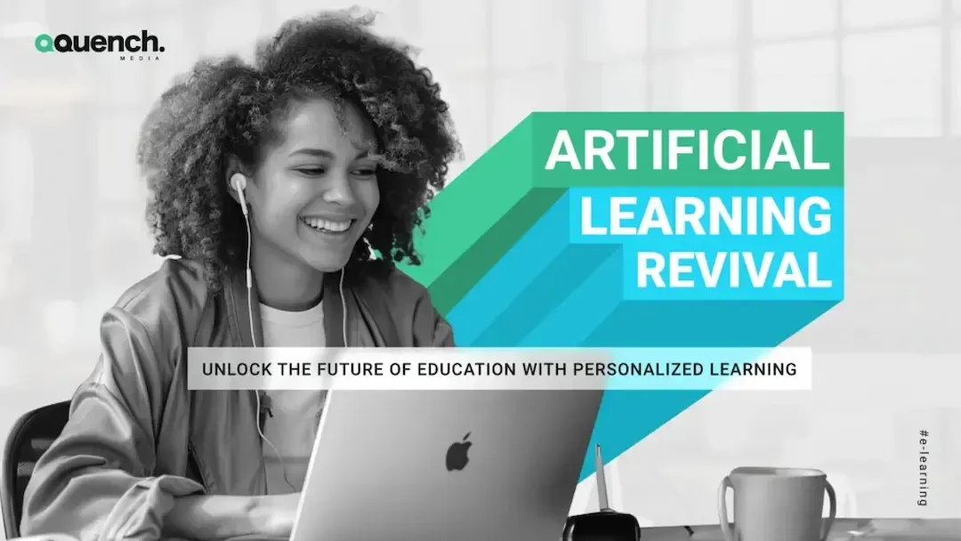 Woman using a laptop with headphones on, smiling, under the headline “Artificial Learning Revival,” representing the impact of AI-powered learning assistants.
