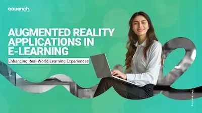 Professional woman smiling while working on a laptop, with dynamic green visuals symbolizing real-world learning enhancement through AR.
