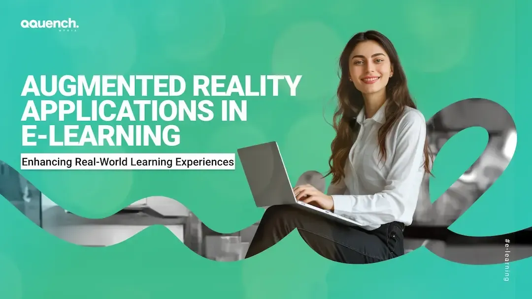 Professional woman smiling while working on a laptop, with dynamic green visuals symbolizing real-world learning enhancement through AR.
