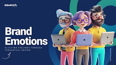 Playful 3D avatars holding laptops, symbolizing emotional branding through thoughtful and expressive digital design.