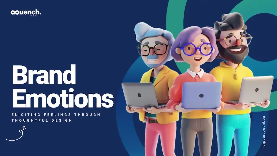 Playful 3D avatars holding laptops, symbolizing emotional branding through thoughtful and expressive digital design.