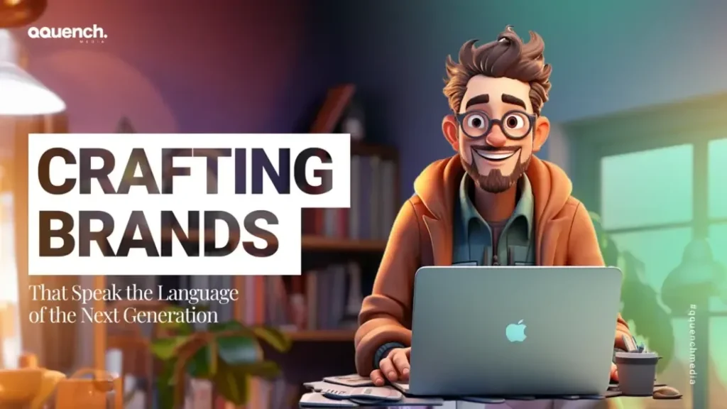 Charming 3D character working on a laptop, representing next-gen branding crafted with character and creativity. With text "Crafting Brands"