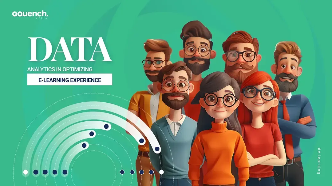 Illustrated team of diverse characters with a data visualization overlay, symbolizing data-led eLearning optimization.