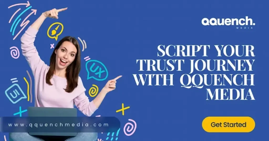 Cheerful woman pointing upward with colorful UX and UI icons around her — encouraging users to start their trust journey with Qquench Media.