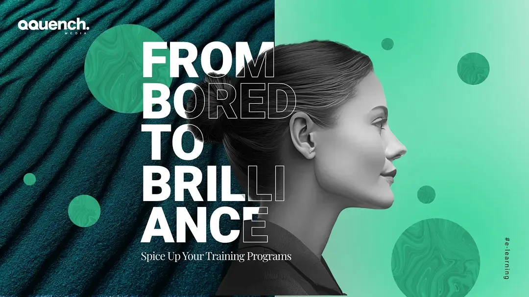 Split-toned banner featuring a grayscale profile of a woman looking right, with bold typography stating “From Bored to Brilliance” over abstract textured backgrounds.
