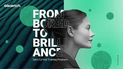 Split-toned banner featuring a grayscale profile of a woman looking right, with bold typography stating “From Bored to Brilliance” over abstract textured backgrounds.