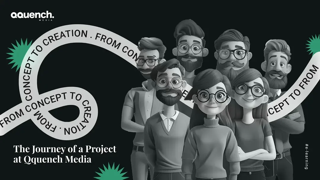 Stylized team of 3D characters standing in front of a wavy banner that reads “From Concept to Creation,” representing Qquench’s collaborative design journey.