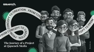 Stylized team of 3D characters standing in front of a wavy banner that reads “From Concept to Creation,” representing Qquench’s collaborative design journey.