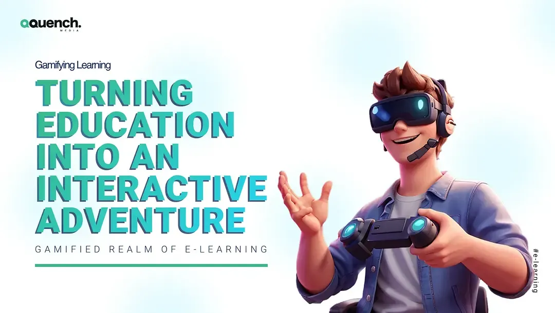 3D character wearing VR goggles and holding a controller, smiling enthusiastically under the headline “Turning Education Into an Interactive Adventure - Gamified Learning.”