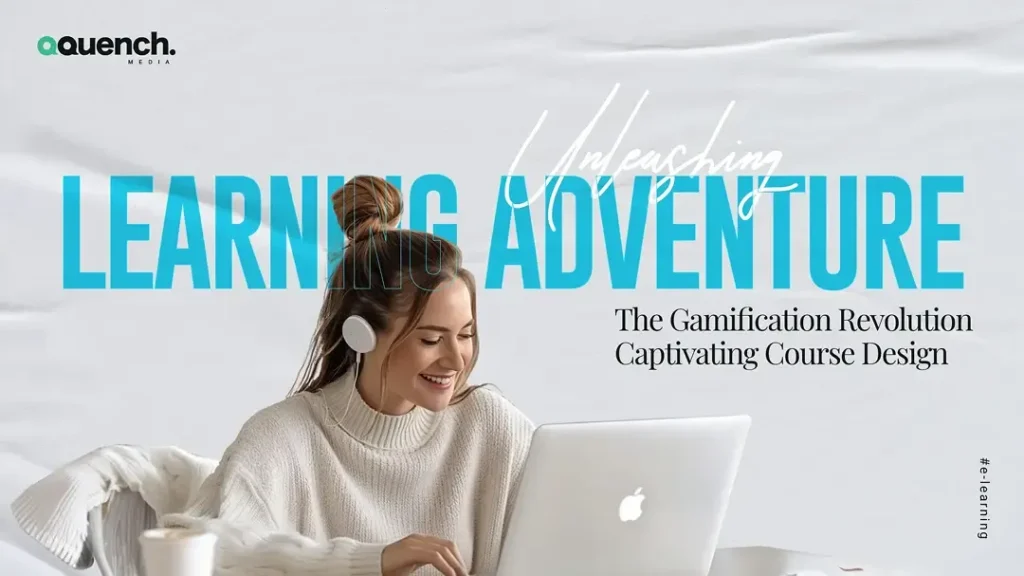 Happy woman in headphones learning from her laptop, under the headline “Unleashing Learning Adventure,” representing the topic “Gamifying Learning.”
