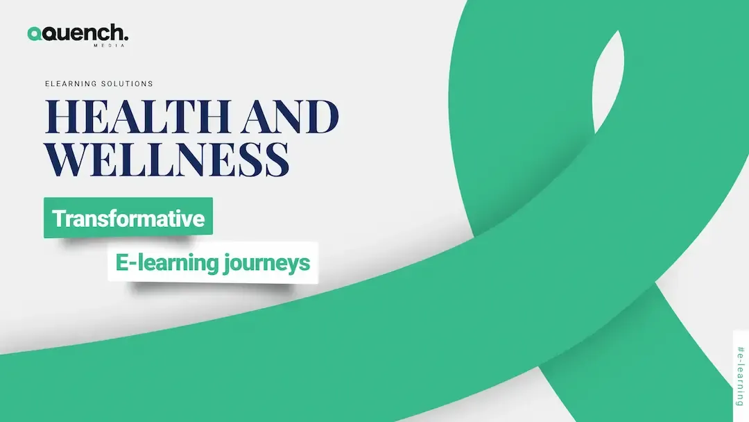 Minimalist banner with a sweeping green ribbon across a white background, highlighting transformative e-learning for health and wellness.