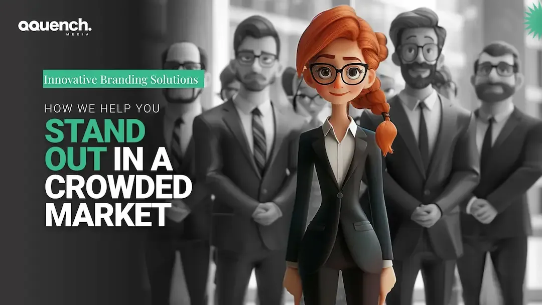 Animated red-haired professional standing confidently in front of a grayscale crowd of suited individuals. With text "Innovative branding solutions"
