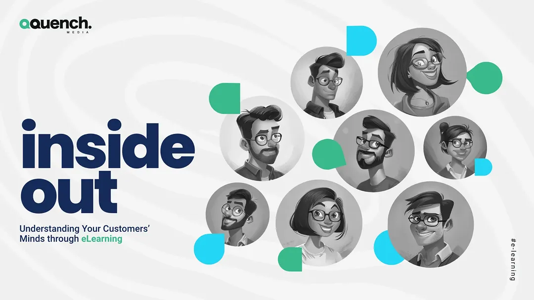 A group of grayscale cartoon avatars (customers) in circular frames connected with teal and blue shapes on a light patterned background showcasing empathy.