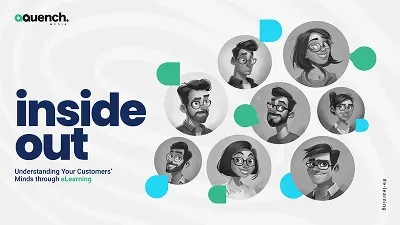 A group of grayscale cartoon avatars in circular frames connected with teal and blue shapes on a light patterned background.