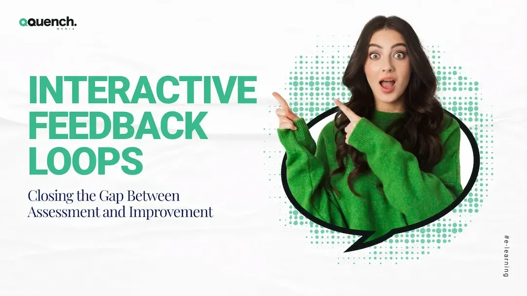 Woman in green sweater pointing to headline "Interactive Feedback Loops – Closing the Gap Between Assessment and Improvement" with surprised expression.