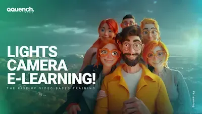 Group of cheerful 3D characters taking a selfie on a mountain backdrop, illustrating the rise of video-based training in e-learning.