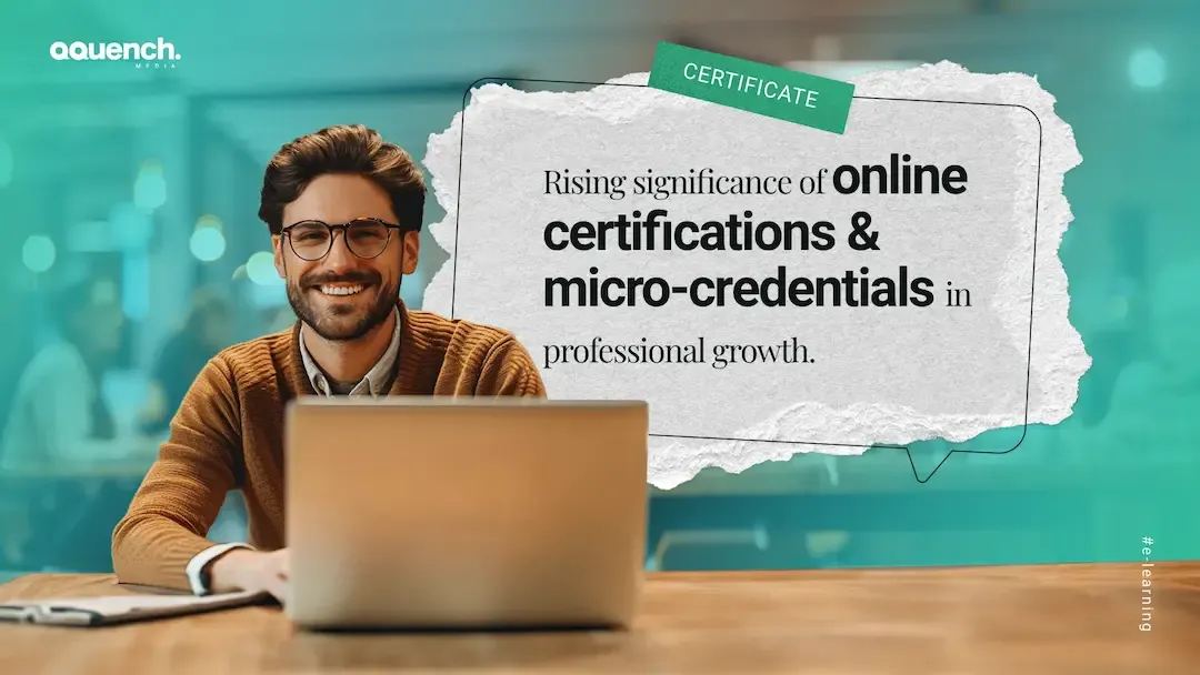Smiling man with glasses working on a laptop at a café-style workspace with a paper-textured navigating textbox and a green “Certificate” tag.