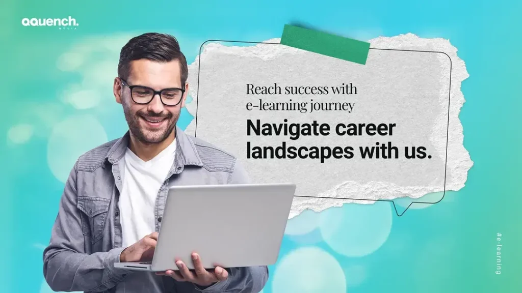 Smiling man using a laptop with a sticky-note-style text saying “Navigate career landscapes with us” on a teal backdrop.