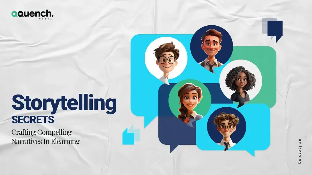 Speech bubbles containing stylized animated avatars in various expressions, conveying teamwork and storytelling.