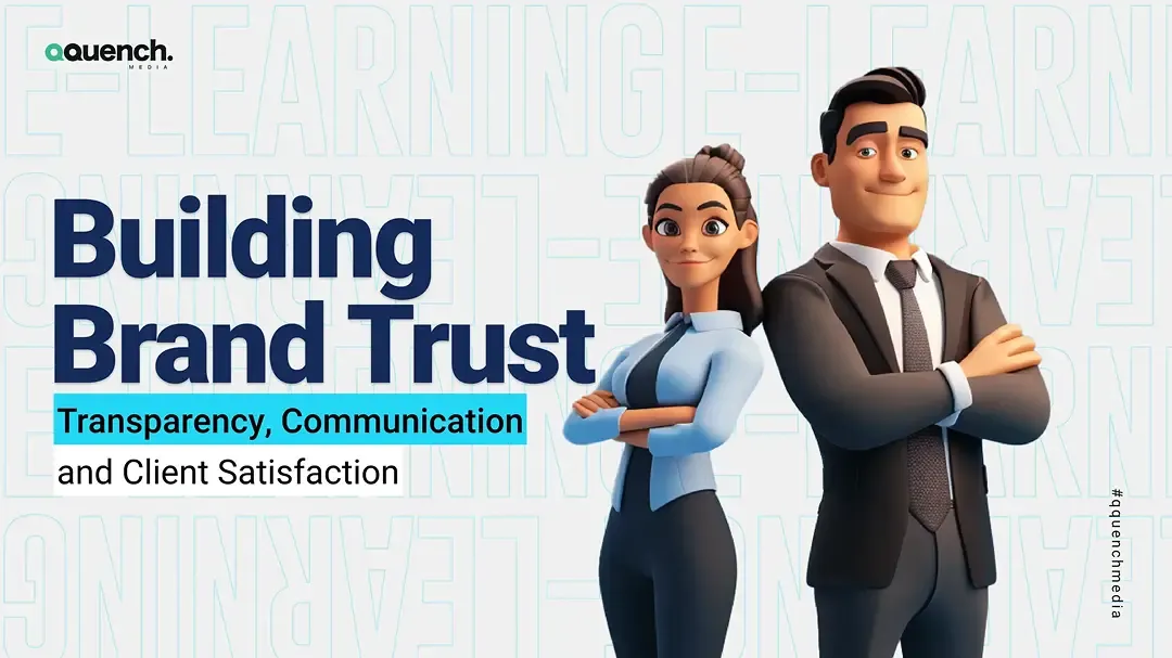 Two animated business characters standing back-to-back with folded arms, overlaid on a clean, white layout. With text "Transparency, Communication"