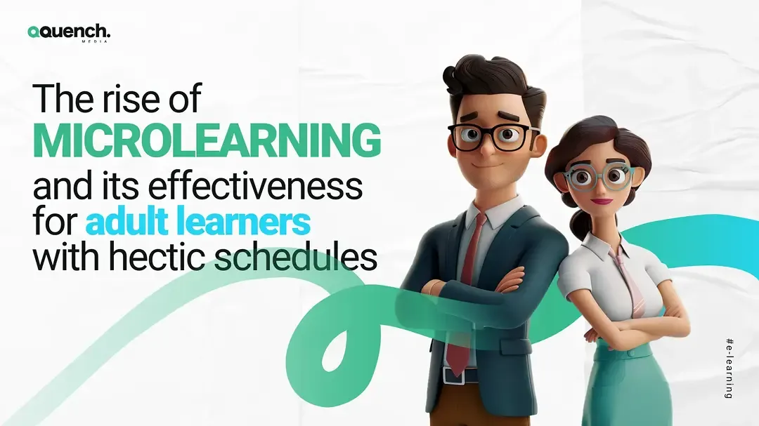 Animated man and woman standing with arms crossed, wearing business attire, over a white background with soft green accents & text "The rise of Microlearning"