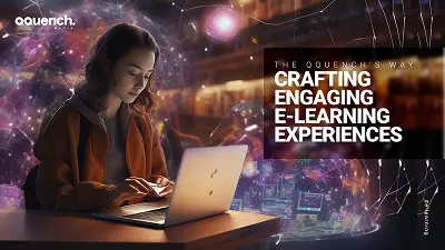Young woman working on laptop surrounded by vibrant digital network, representing engaging e-learning design by Qquench Media