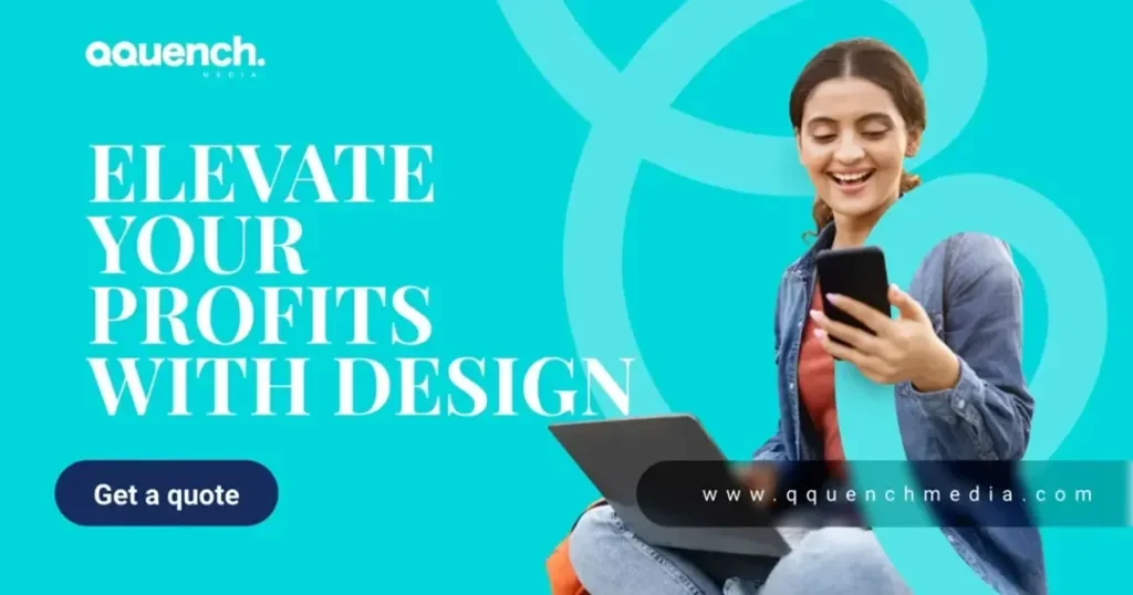 Cheerful woman holding phone and laptop on a teal background, emphasizing the blog topic “Elevate Your Profits with Design.”