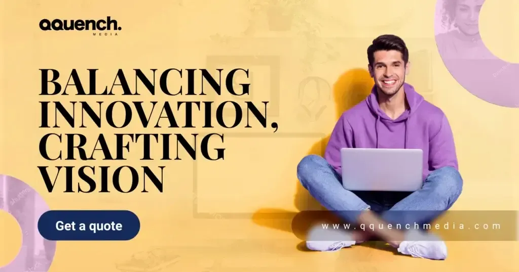 Young man in purple hoodie smiling with laptop on yellow background, visualizing the topic “Balancing Innovation, Crafting Vision.”
