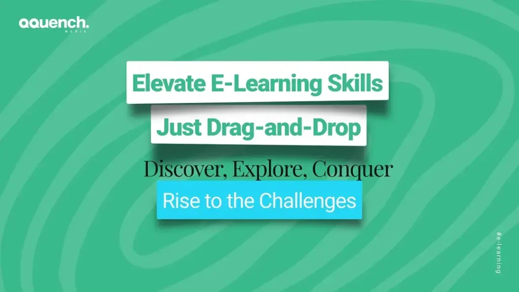 Bold text overlays on a green abstract background, illustrating the ease and fun of drag-and-drop learning in interactive e-learning module design.