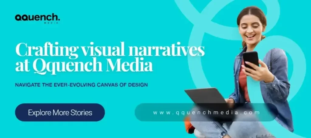 Woman smiling while working on phone and laptop with bright visuals, representing the topic “Crafting Visual Narratives at Qquench Media.”