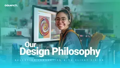 Smiling woman with glasses in a creative workspace, with the title "Our Design Philosophy – Balancing Innovation with Client Vision".
