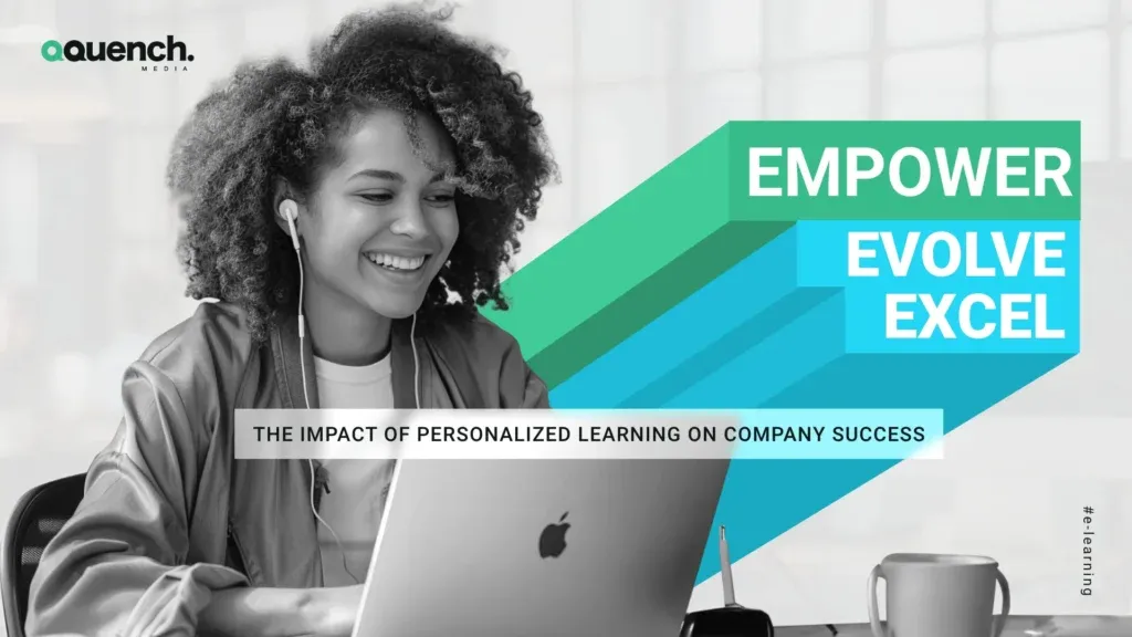 Smiling woman with curly hair using a laptop, with bold diagonal blocks and motivational words layered above.