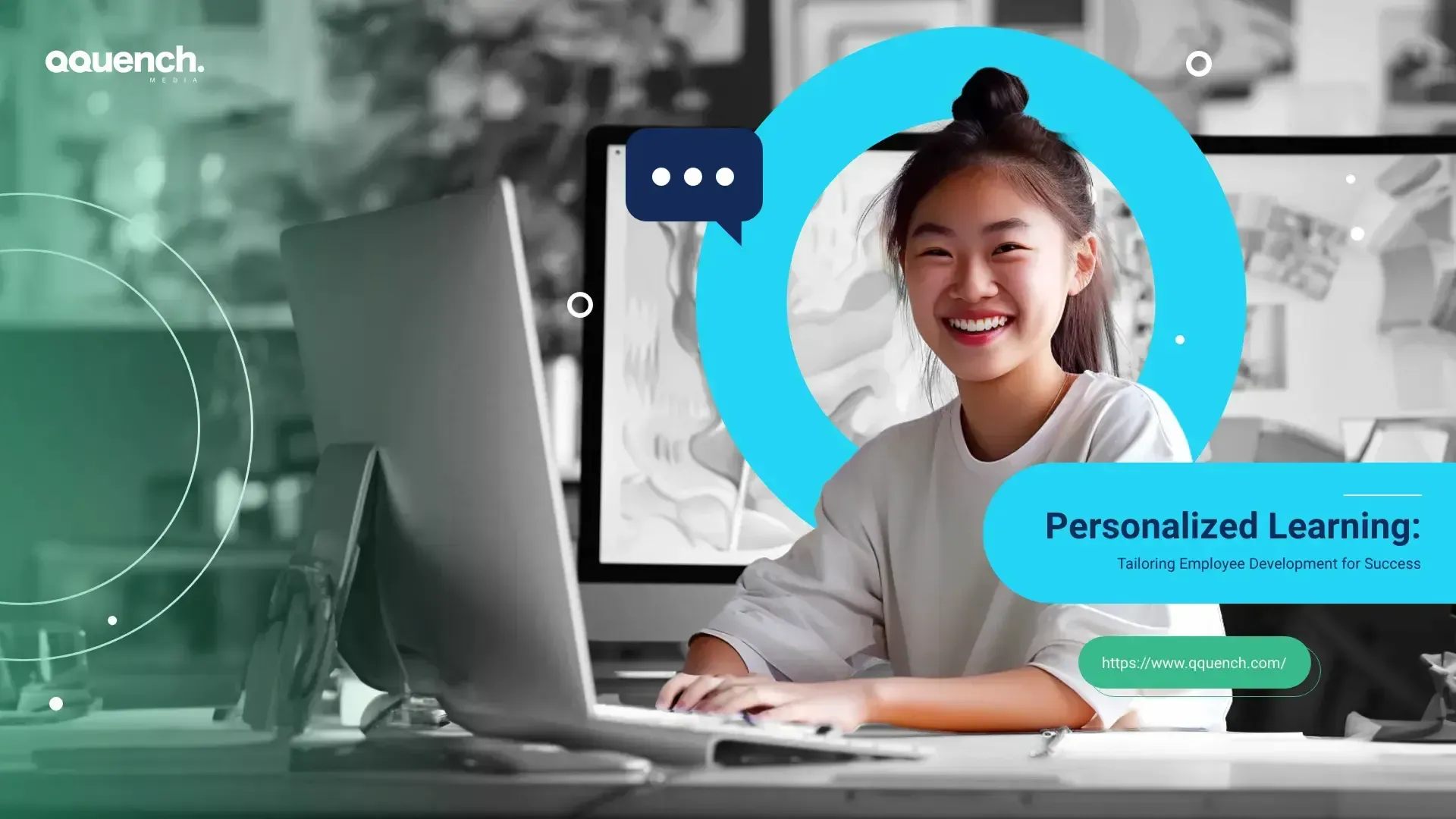 Young woman smiling at desk with desktop computer, alongside text "Personalized Learning – Tailoring Employee Development for Success".