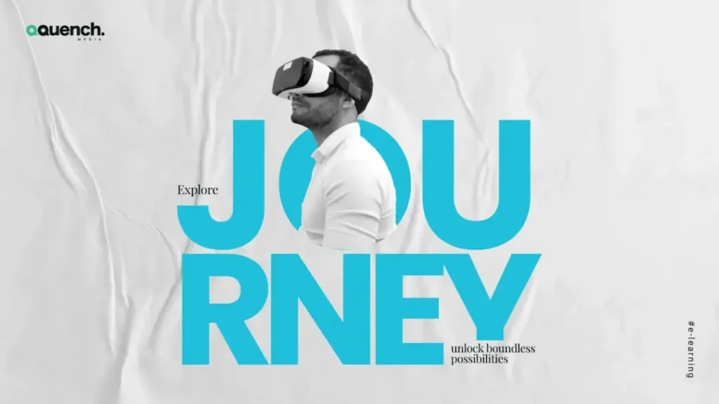 Man wearing a virtual reality headset, creatively integrated into large cutout letters on a textured white background.
