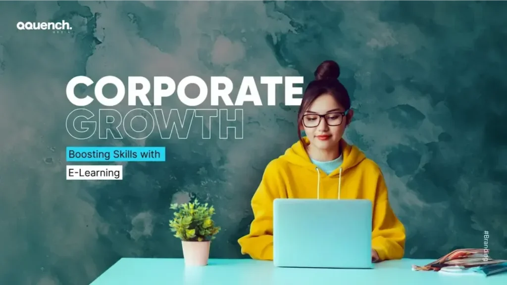 Modern corporate training visual showing a woman in a yellow hoodie engaged in e-learning on a laptop, with the text ‘Corporate Growth: Boosting Skills with E-Learning’.