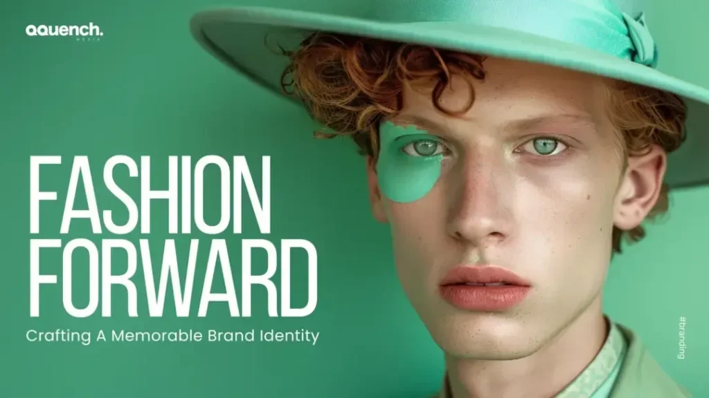 Close-up portrait of a fashion-forward model wearing a green hat and matching eye patch, with a serious expression.