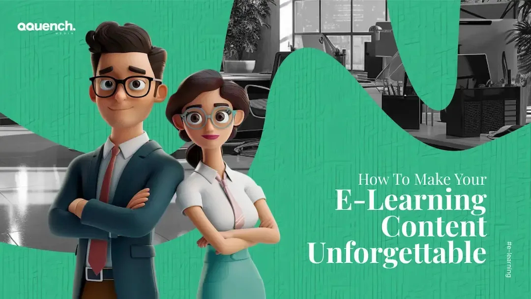 Two animated business professionals standing confidently in a modern office with a bold green and black graphic layout.