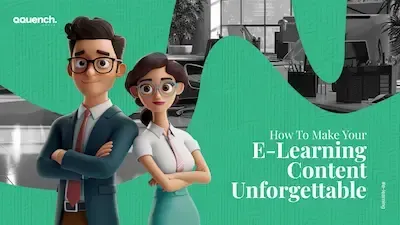 Two animated business professionals standing confidently in a modern office with a bold green and black graphic layout.