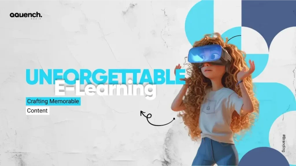 Visual representing memorable e-learning content with a 3D character wearing virtual reality goggles, symbolizing interactive learning, by Qquench.ai.