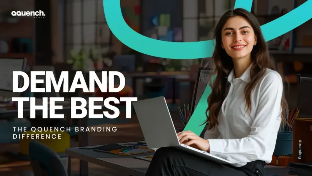 Woman smiling confidently while working on a laptop in a modern, creative workspace.