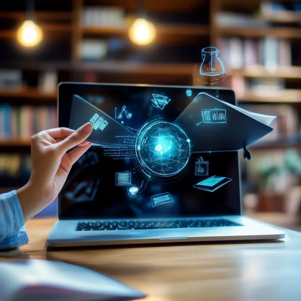 Laptop screen displaying emerging futuristic technology elements with a bluish-white glow.