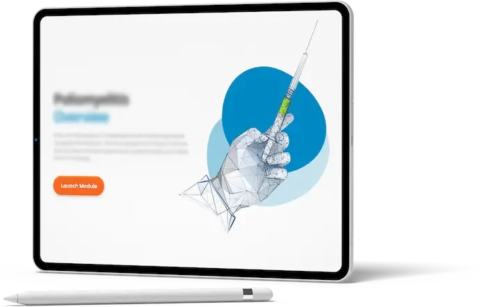 Tablet screen showing an interactive eLearning module on Poliomyelitis with a digital wireframe of a hand holding a syringe, set against a clean blue background. Empowering Frontline Healthcare workers case study