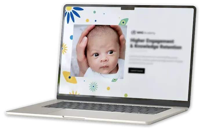 Laptop displaying a playful eLearning interface with a baby photo, used to communicate high engagement and knowledge retention in training. Child healthcare training case study