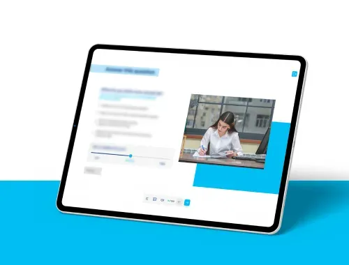 Tablet interface showing an eLearning quiz with a photograph of a woman working at a desk, used for scenario-based learning.