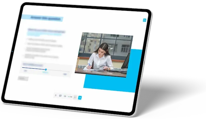Tablet interface showing an eLearning quiz with a confidence slider and a photograph of a woman working at a desk, used for scenario-based learning. Legacy training for Modern Interactive Learning Experience case study